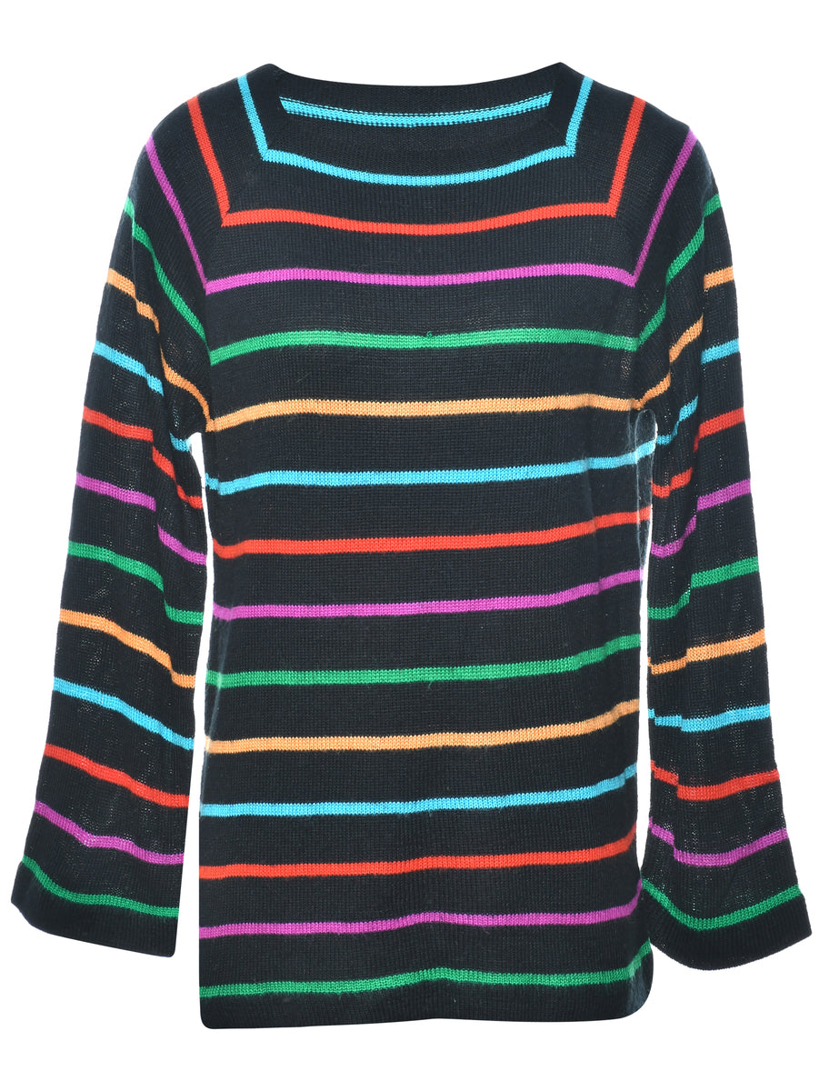 5387 Black V Neck Striped Jumper
