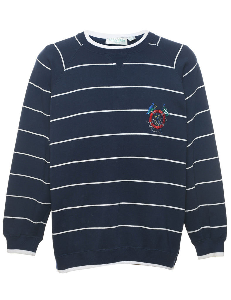 Striped Navy & White Embroidered Sweatshirt - L