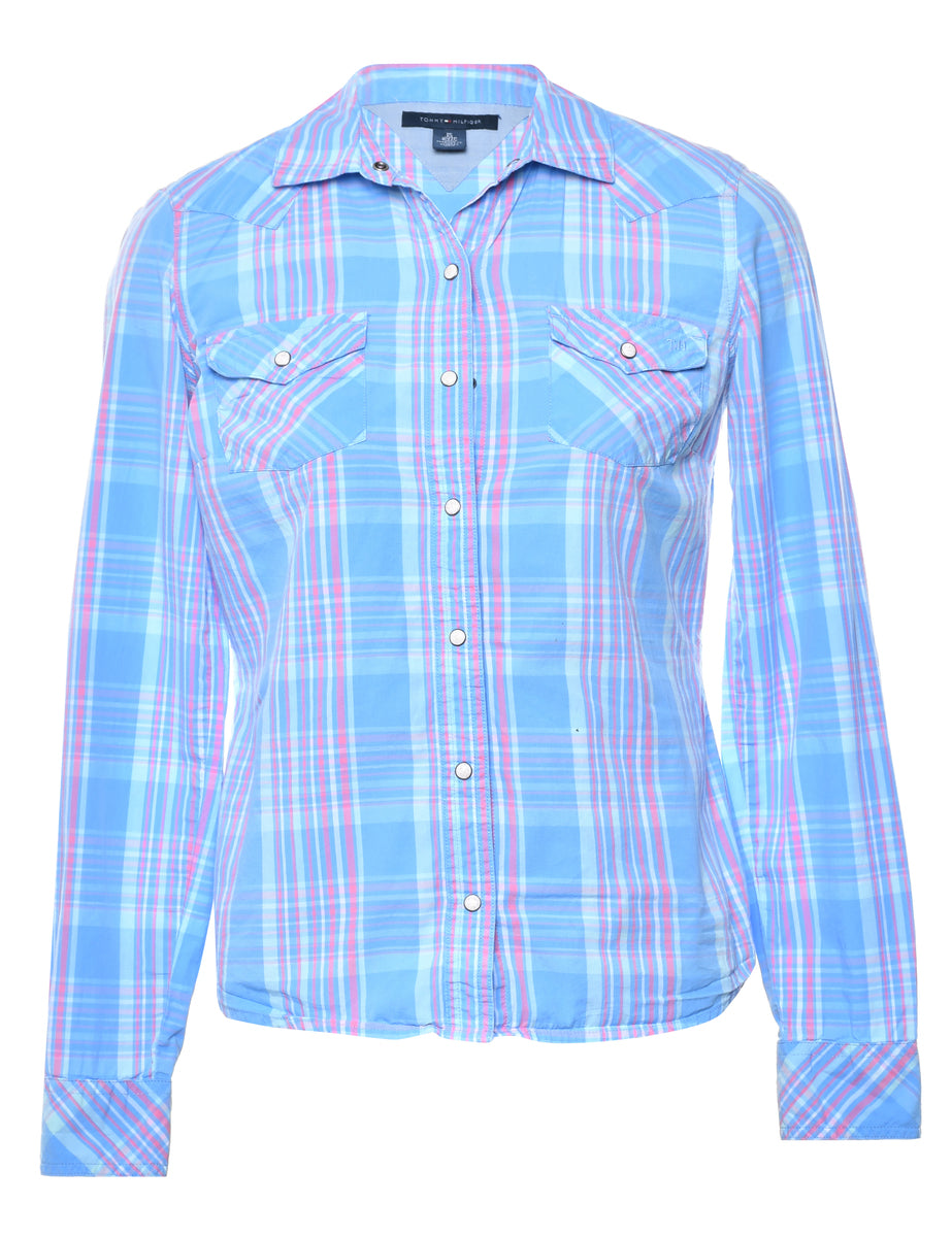 Pink and blue tommy hilfiger shirt on sale