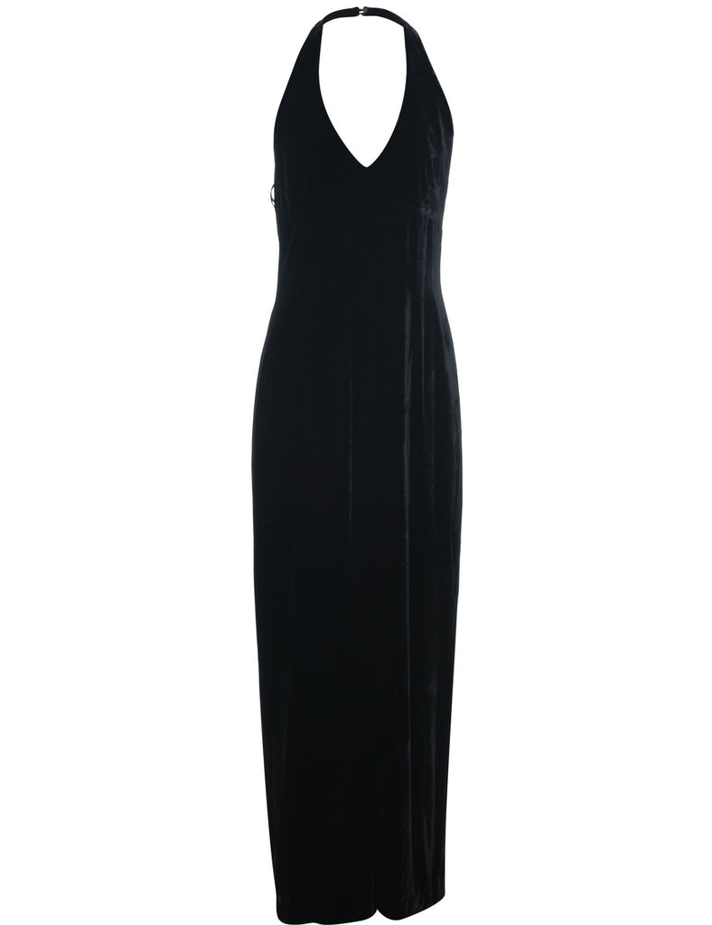 Velvet Black Halterneck Evening Dress - M