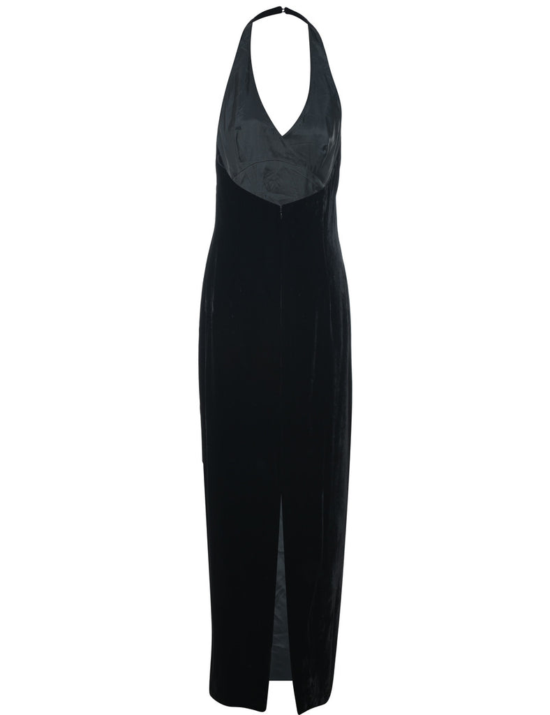 Velvet Black Halterneck Evening Dress - M