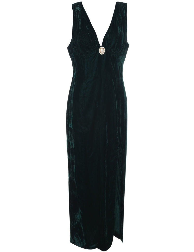 Velvet Dark Green Embellished Evening Dress - M