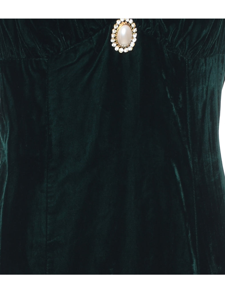 Velvet Dark Green Embellished Evening Dress - M