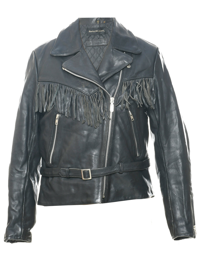 Vintage Harley Davidson Black Leather Biker Jacket with Fringe - M