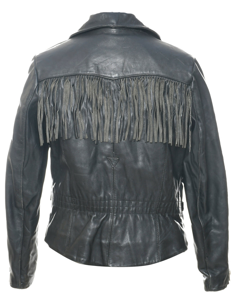 Vintage Harley Davidson Black Leather Biker Jacket with Fringe - M