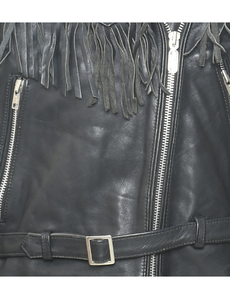 Vintage Harley Davidson Black Leather Biker Jacket with Fringe - M