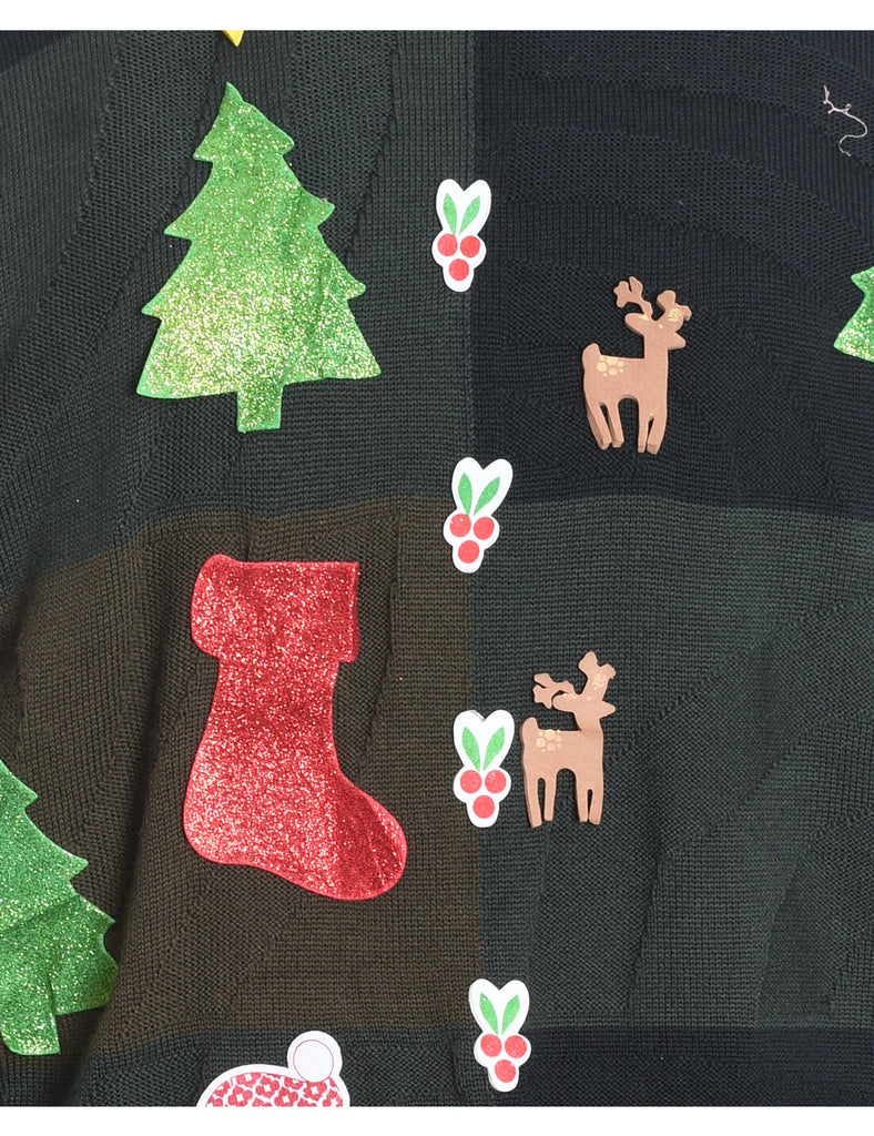 Wool Dark Green Knit Christmas Jumper - M