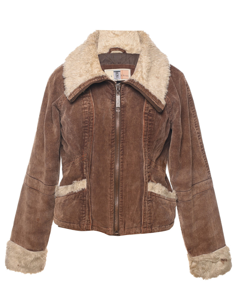 Y2K Faux Fur Trim Corduroy Jacket - L