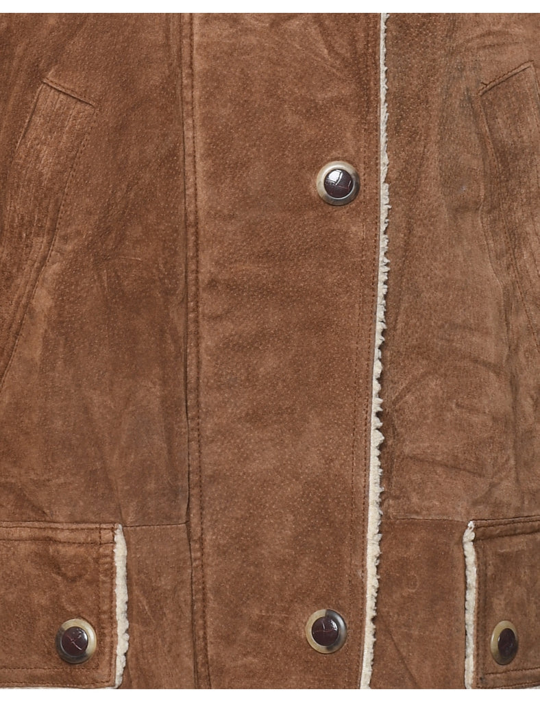 Zip Front Brown Shearling Lined Suede Jacket - M