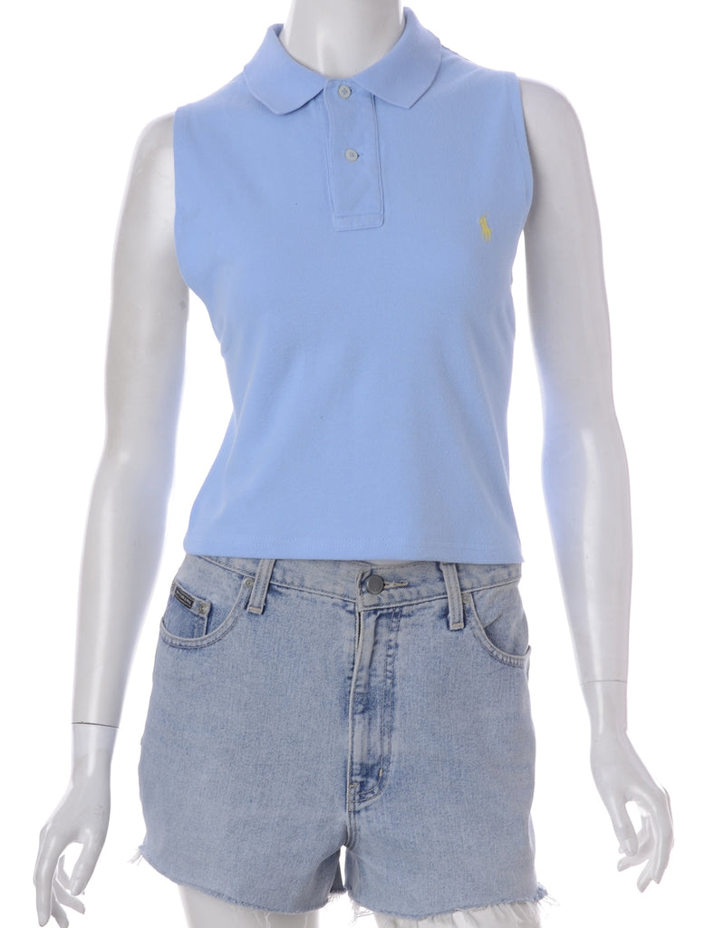 Beyond Retro Label Eva Polo Vest Light Blue With A Button Front Neck - T-shirts - Beyond Retro