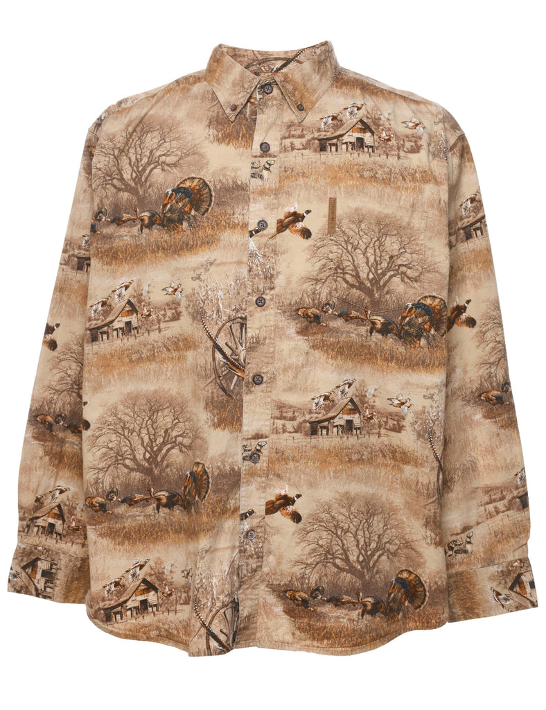 1990s Light Brown Animal Design Shirt - L