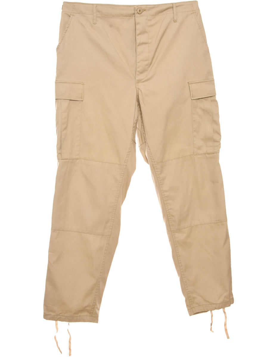 Mens khaki linen elasticated cuff CROPPED combat trousers