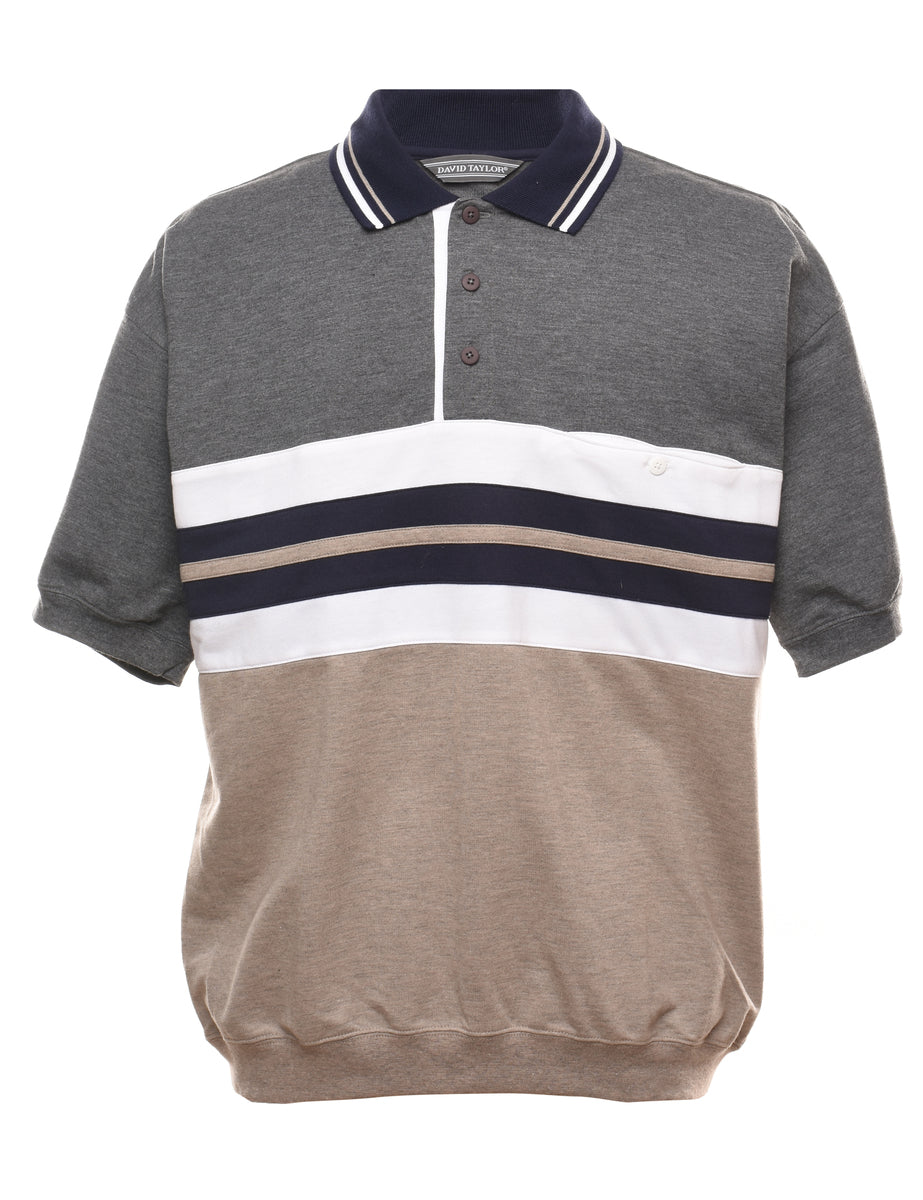 Men s David Taylor Two Tone Grey Beige Polo T shirt Grey L