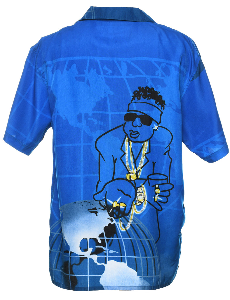 Y2K Blue & Black Illustrated Shirt - L