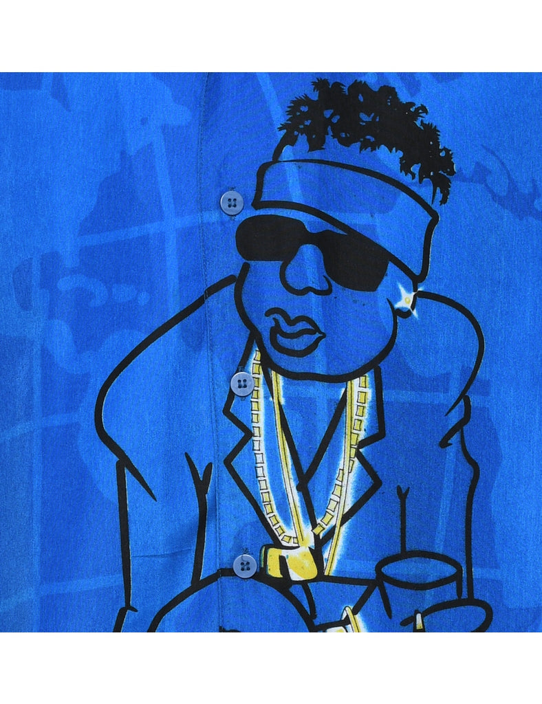 Y2K Blue & Black Illustrated Shirt - L
