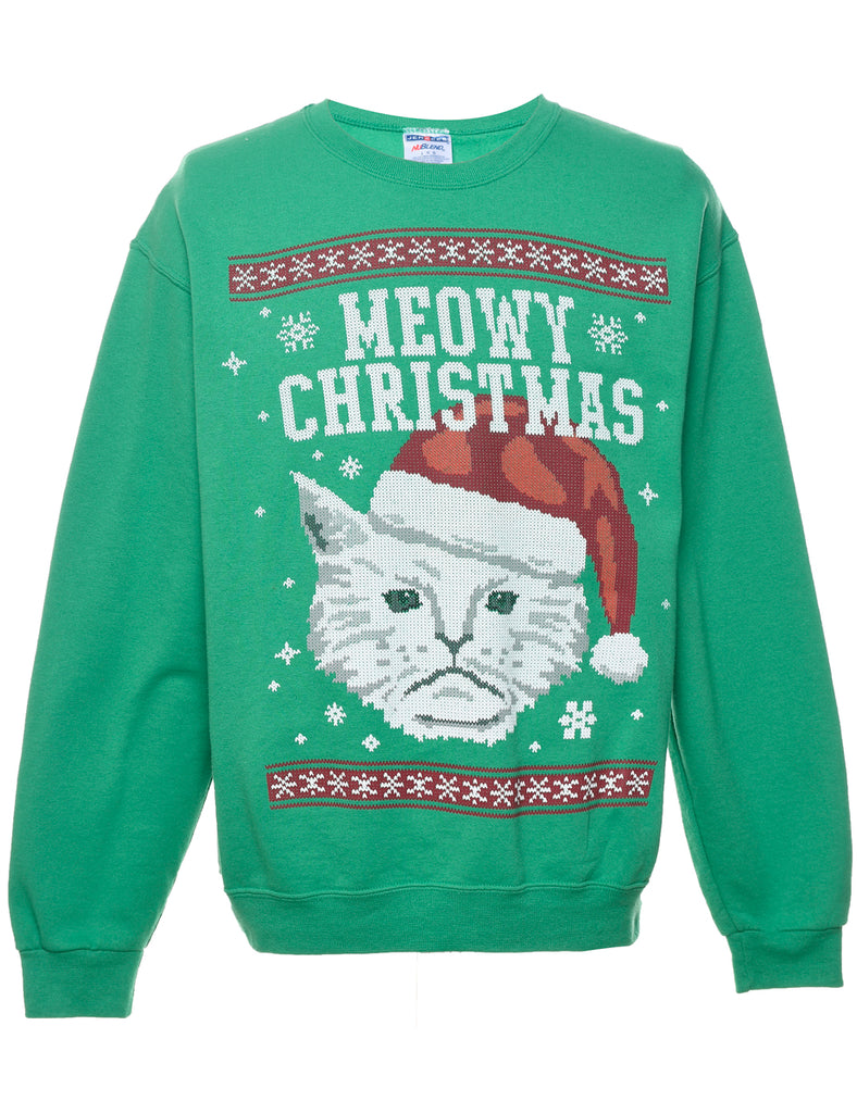 Cat Printed Light Green Christmas Sweatshirt - L