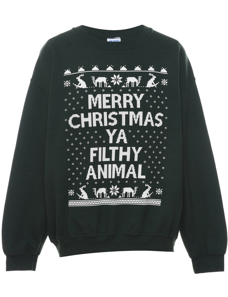 Dark Green & White Printed Sweatshirt - L