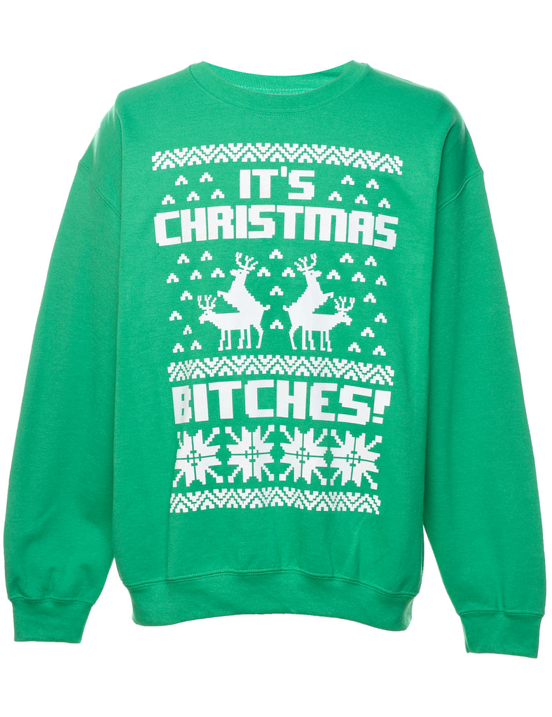 Festive Season Green & White Printed Christmas Sweatshirt - L