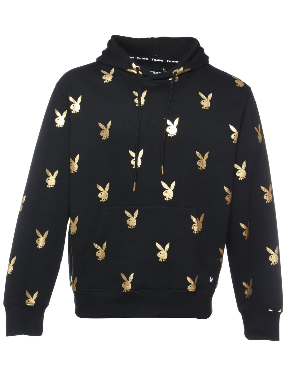 Unisex Playboy Black Gold Metallic Printed Hoodie Black S Beyond Retro