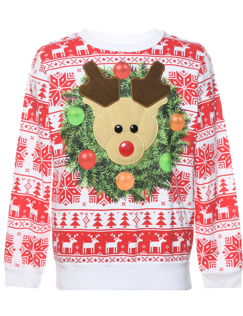 Reindeer Design Red & White Christmas Sweatshirt - L