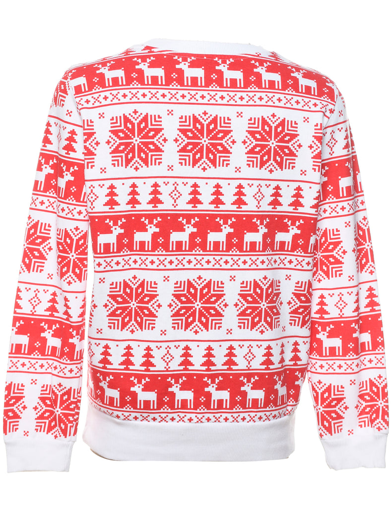 Reindeer Design Red & White Christmas Sweatshirt - L