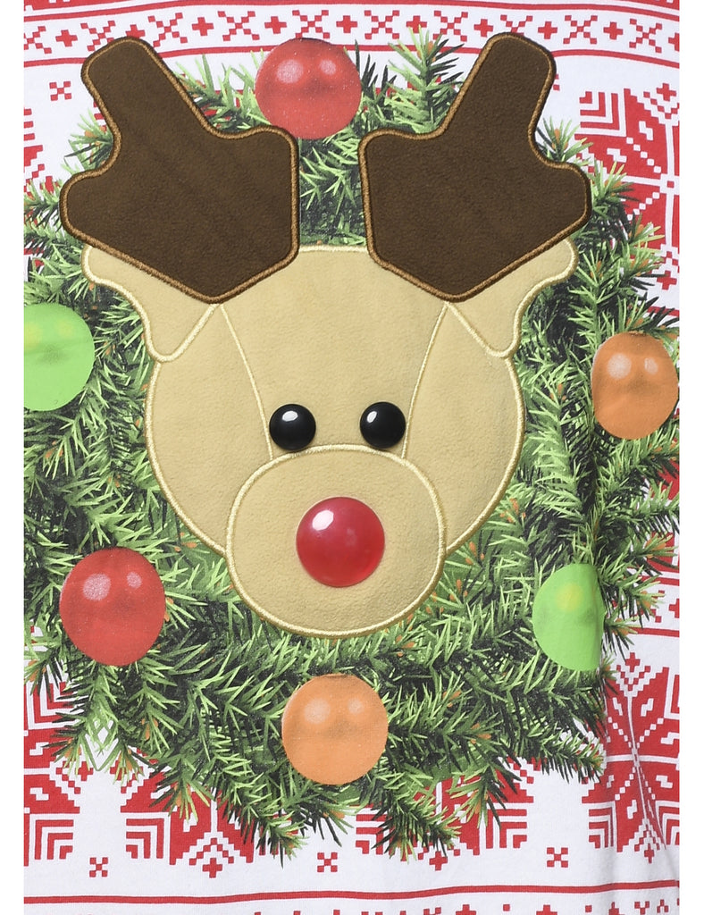 Reindeer Design Red & White Christmas Sweatshirt - L