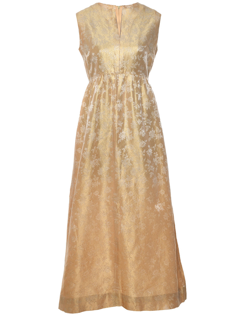 1970s Gold Sleeveless Jacquard Maxi Dress - M
