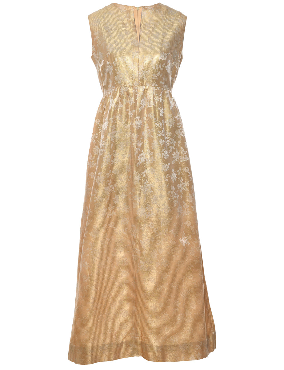 Women's 1970s Gold Sleeveless Jacquard Maxi Dress Yellow, M | Beyond Retro
