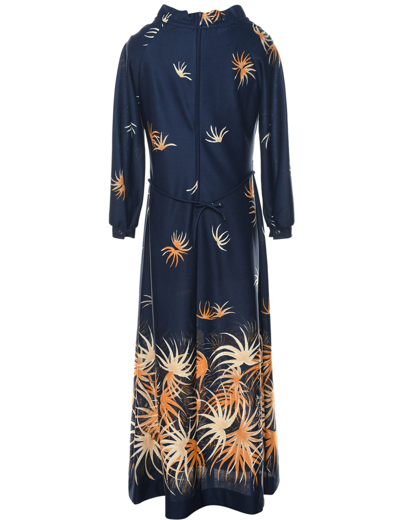 1970s Orange & Navy Printed High Neck Dress - S