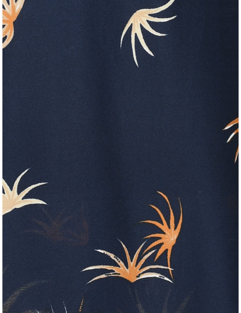 1970s Orange & Navy Printed High Neck Dress - S