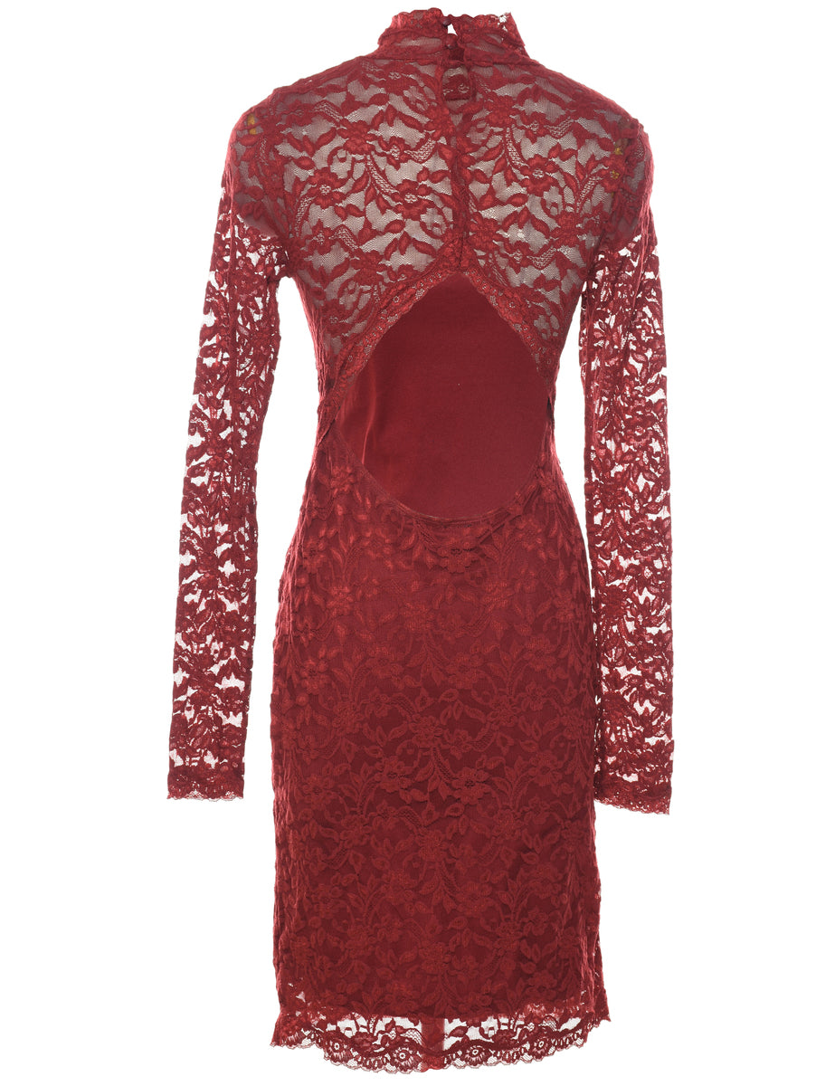 Women's Backless Maroon Floral Lace Evening Dress Red, S Beyond Retro