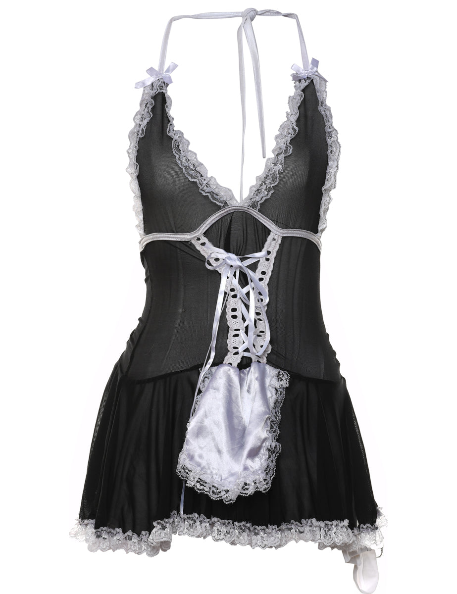 Women's Black & White Maid Design Sheer Babydoll Black, XS | Beyond Retro Women's Black & White Maid Design Sheer Babydoll Black, XS | Beyond Retro