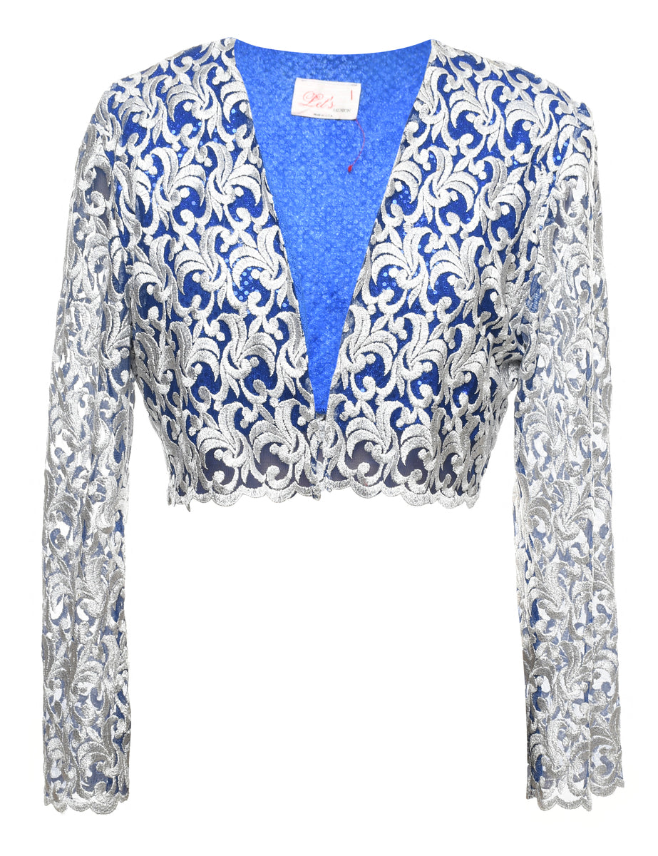 Women s Blue Silver Lace Evening Jacket Blue M Beyond Retro