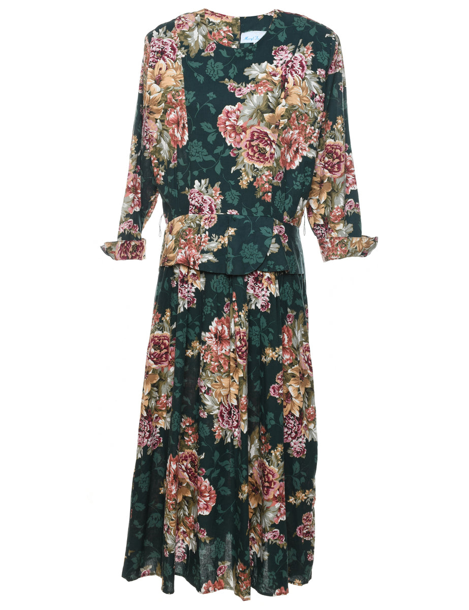 Women's Dark Green Floral Print Peplum Dress Green, L | Beyond Retro Women's Dark Green Floral Print Peplum Dress Green, L | Beyond Retro
