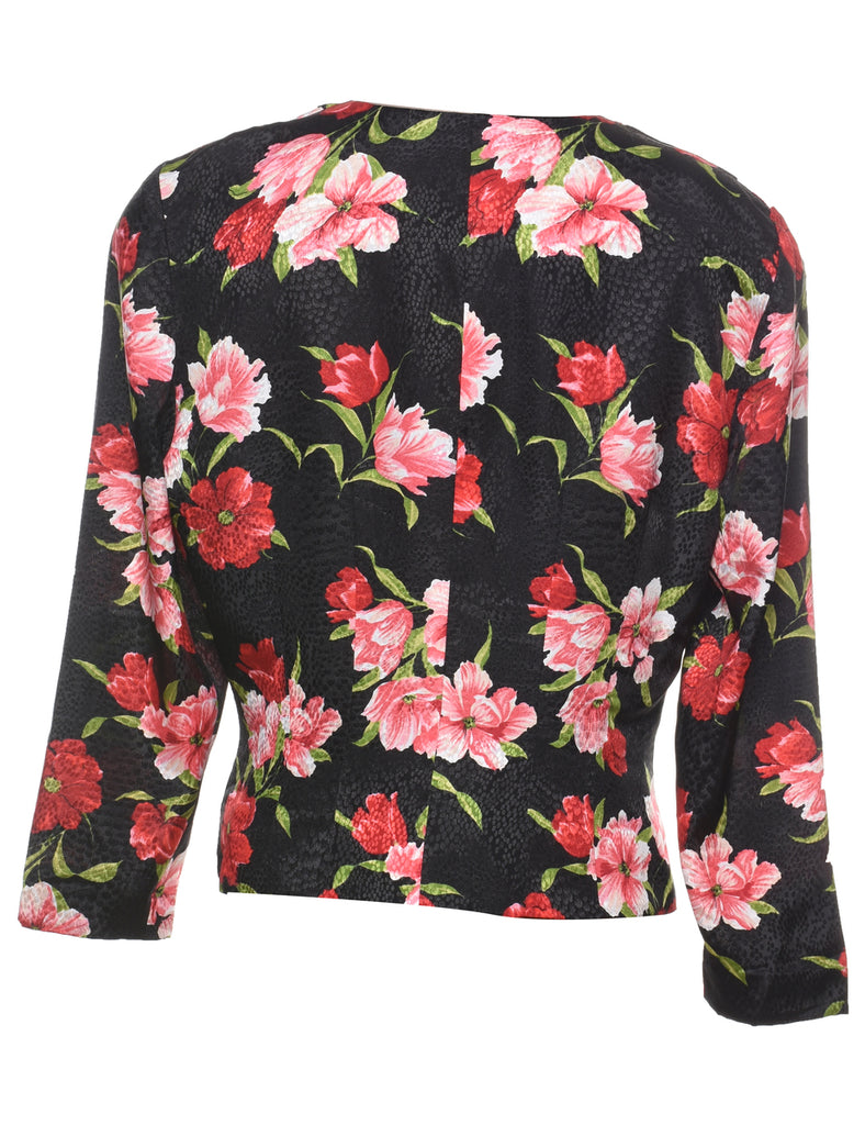 Floral Pattern Black & Pink 1980s Evening Jacket - L