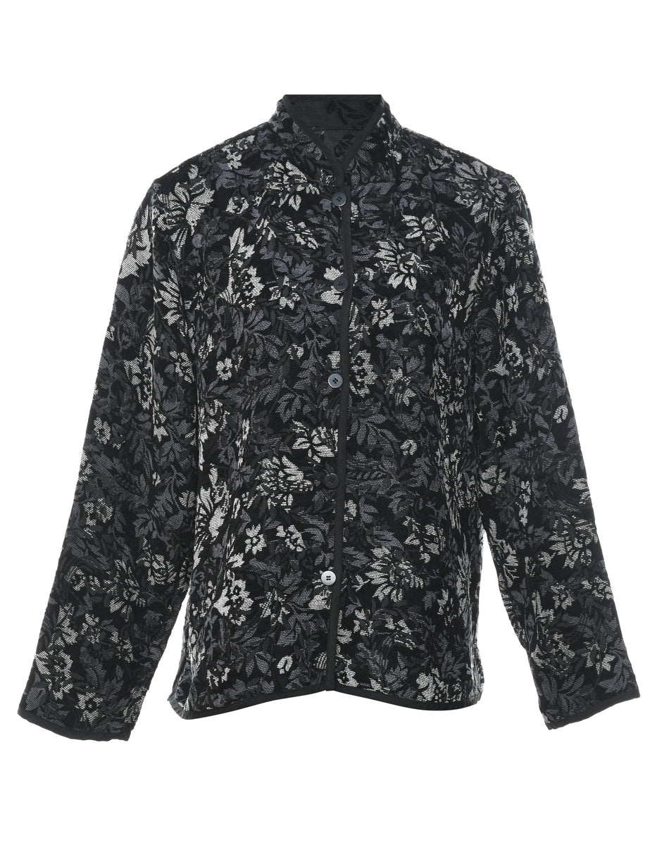 Women's Floral Pattern Black White Button-Front Tapestry Jacket