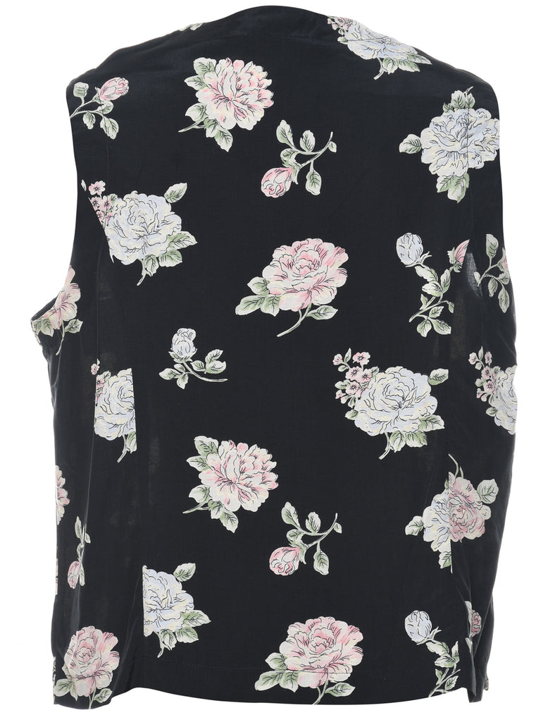 Floral Pattern Pale Pink & Black 1990s Waistcoat - L