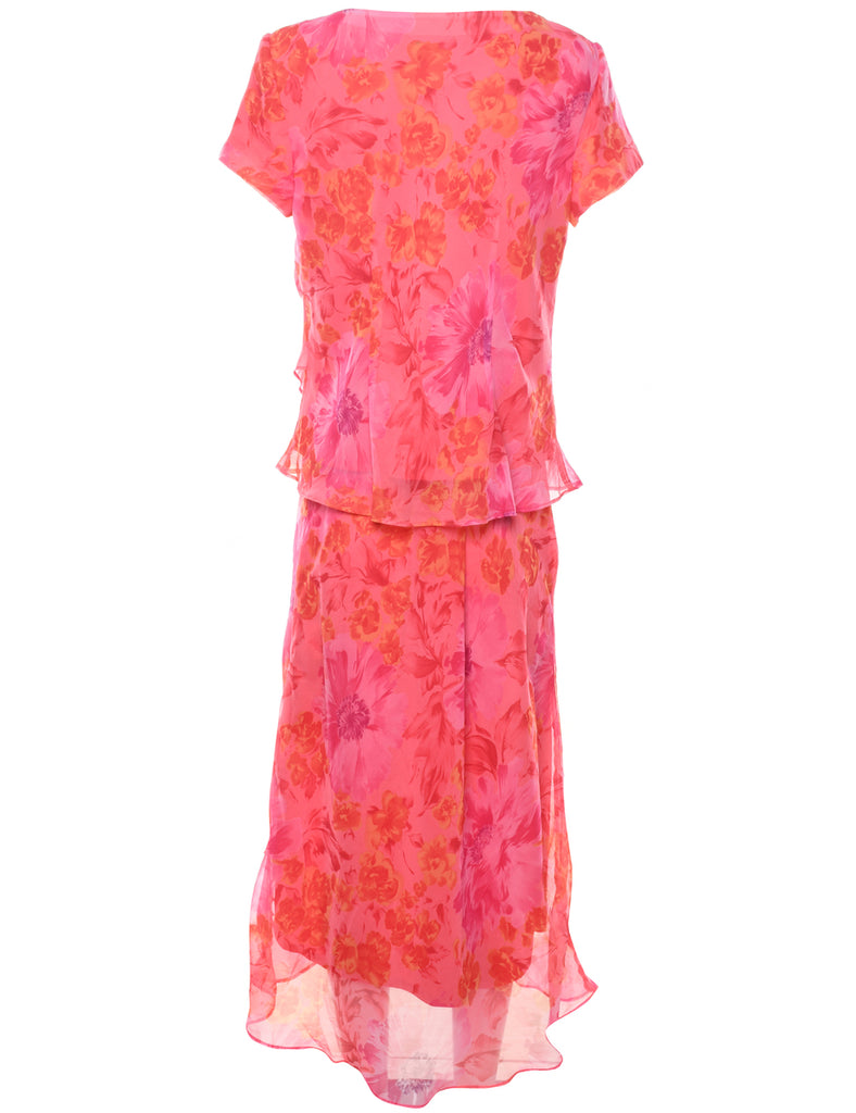 Floral Print Orange & Pink Patterned Top & Skirt Set - L