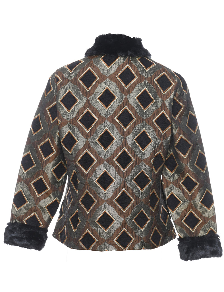 Geometric Pattern Metallic Contrast Trim Evening Jacket - S