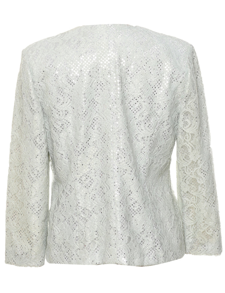 Lurex Thread Pattern White Lace Evening Jacket - M