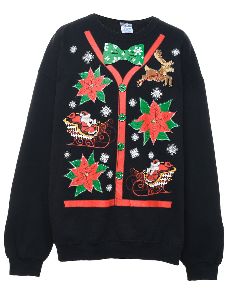 Santa Claus & Reindeer Design Green, Black & Red Christmas Sweatshirt - XXL