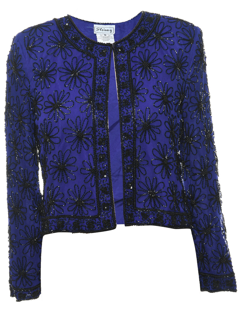 Silk Blue & Black Floral Beaded Evening Jacket - S