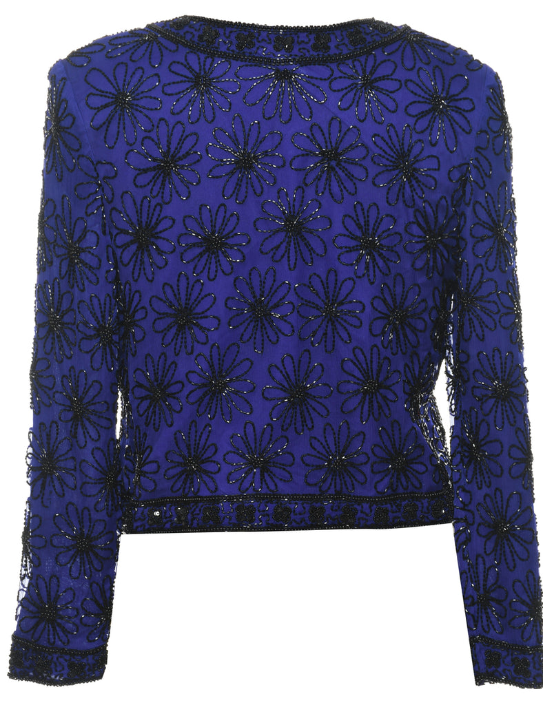 Silk Blue & Black Floral Beaded Evening Jacket - S