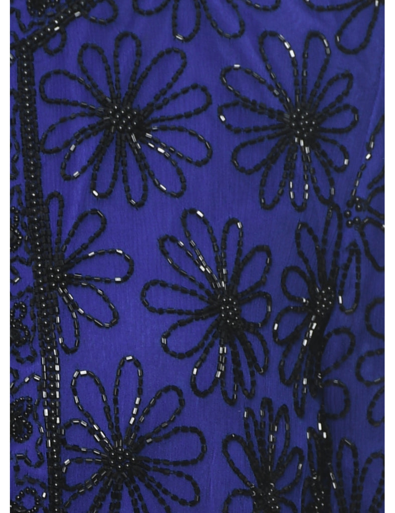 Silk Blue & Black Floral Beaded Evening Jacket - S