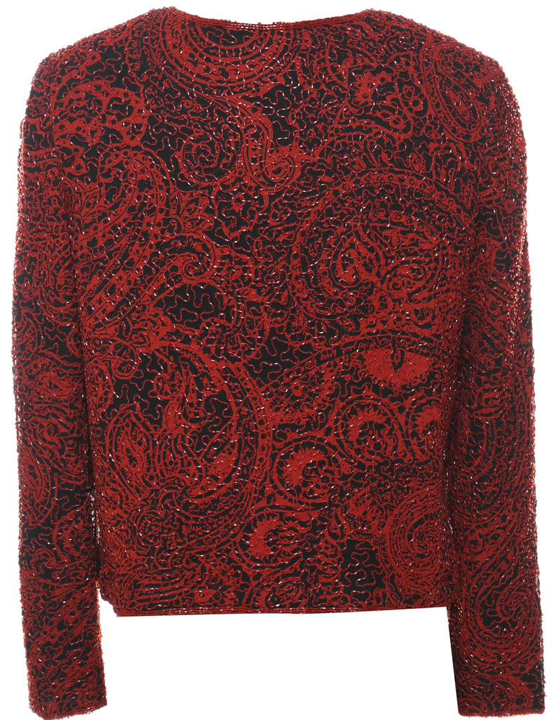 Silk Sparkly Black & Red 1980s Evening Jacket - M