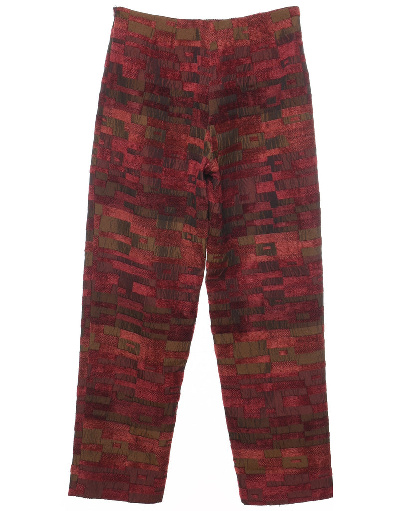 Tapered Maroon, Khaki & Brown Patterned Trousers - W28 L29