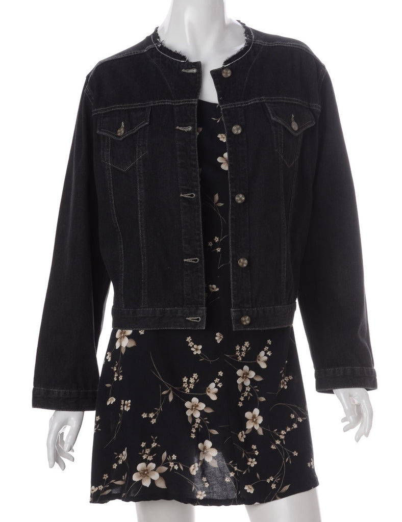 Label Black Collarless Denim Jacket - Jackets - Beyond Retro