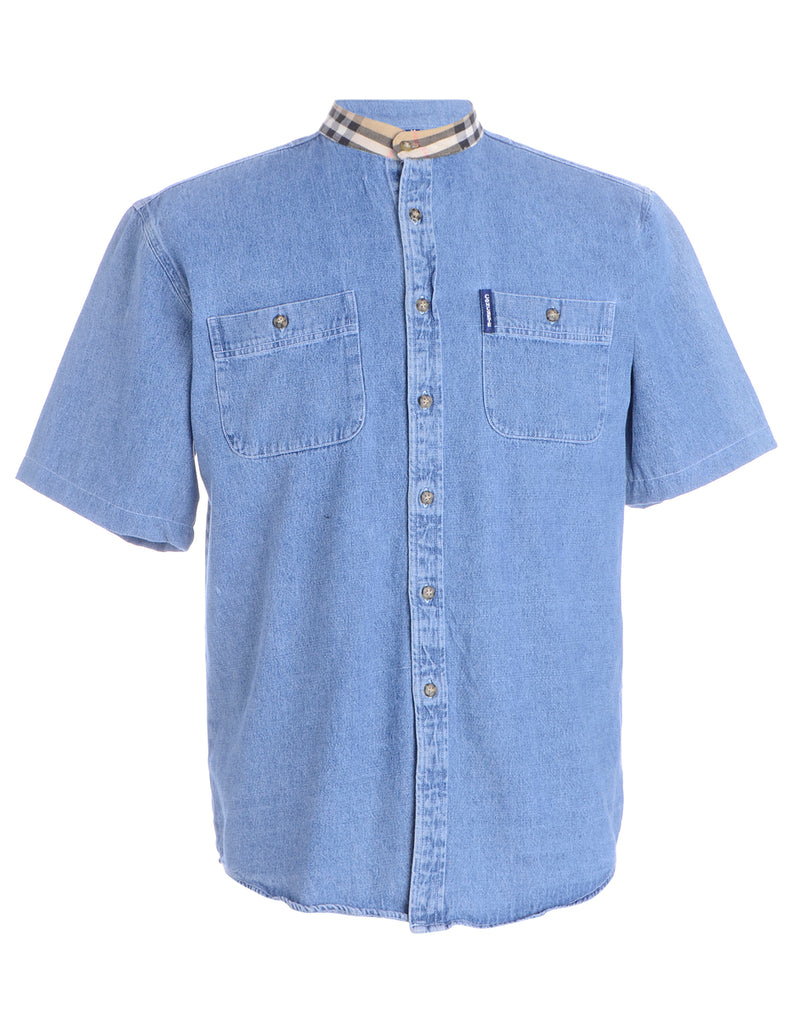 Beyond Retro Label Label Grandad Collar Check Trim Denim Shirt