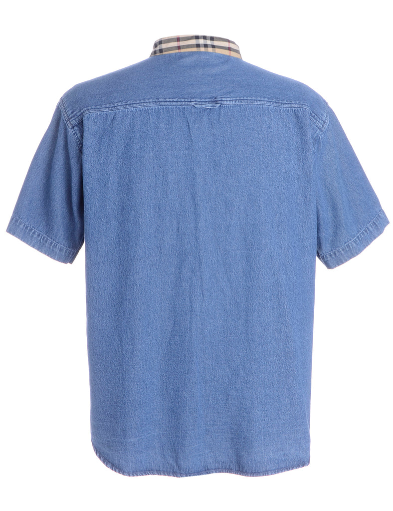 Beyond Retro Label Label Grandad Collar Check Trim Denim Shirt
