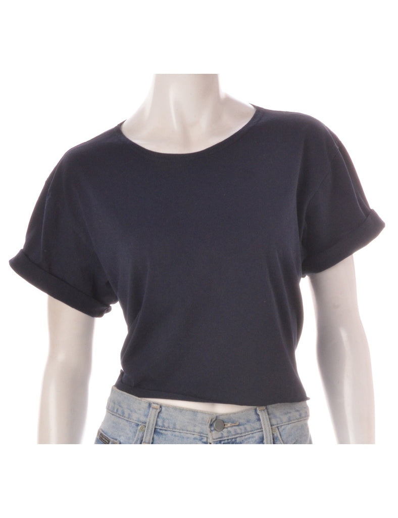 Beyond Retro Label Label Cropped Bell Roll Sleeve Navy T-Shirt